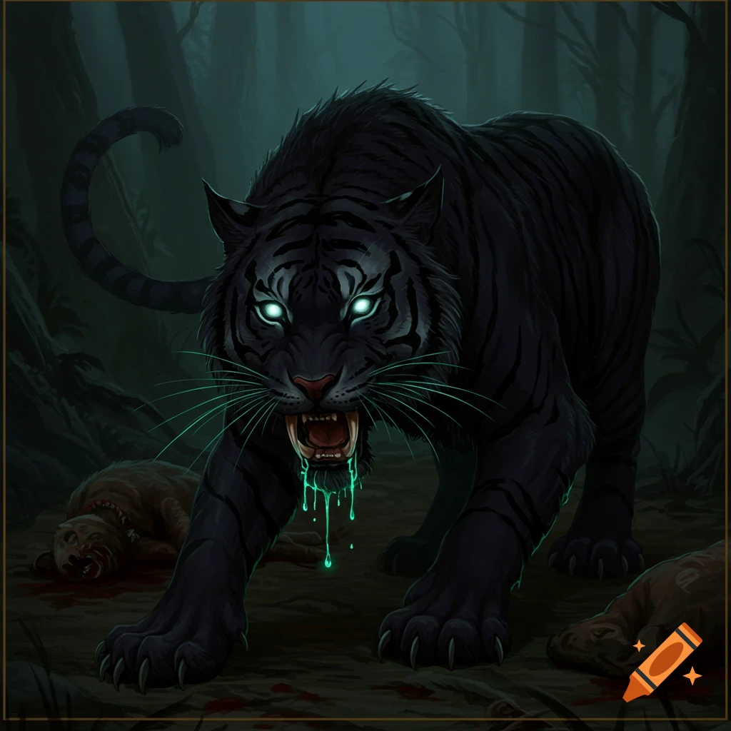 A black tiger with glowing eyes and dripping venom stands over dead prey in a dark forest.