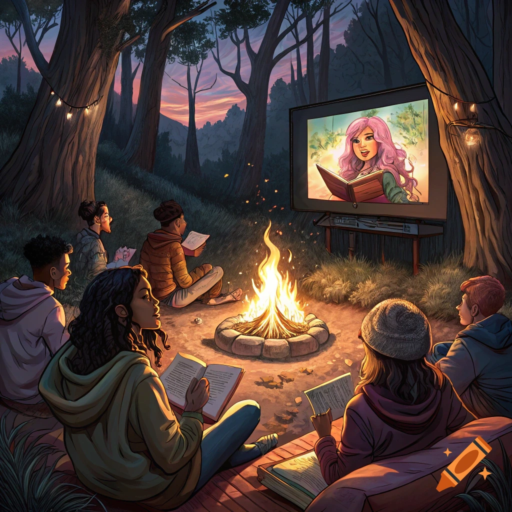 Illustration of people reading books around a campfire in the woods at dusk while watching a screen showing a character reading a book.