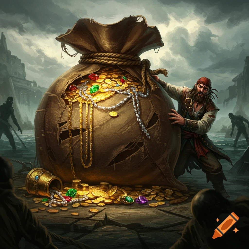 A pirate pushes a giant bag of gold and jewels on a rocky shore with shadowy figures in the background.