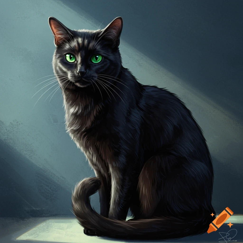 A black cat with green eyes sitting in light.