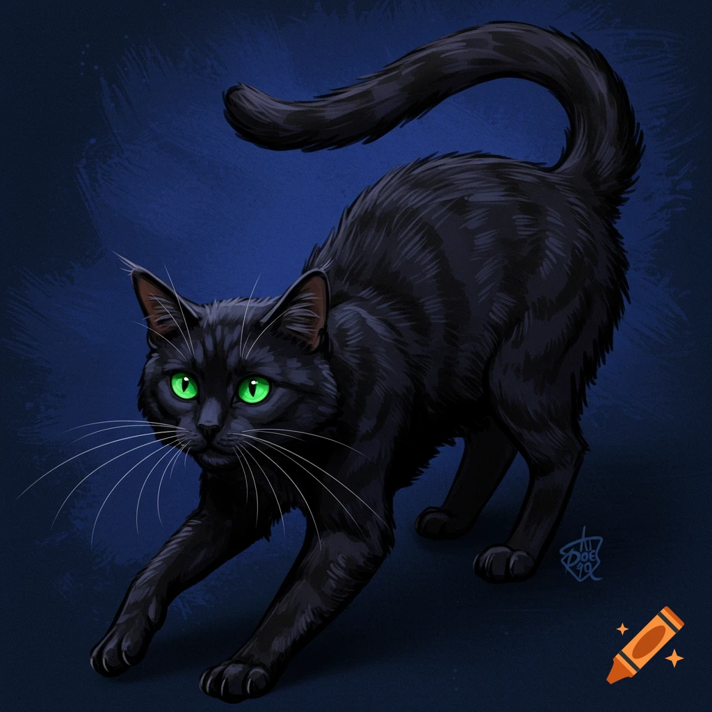 A black cat with glowing green eyes stretches.