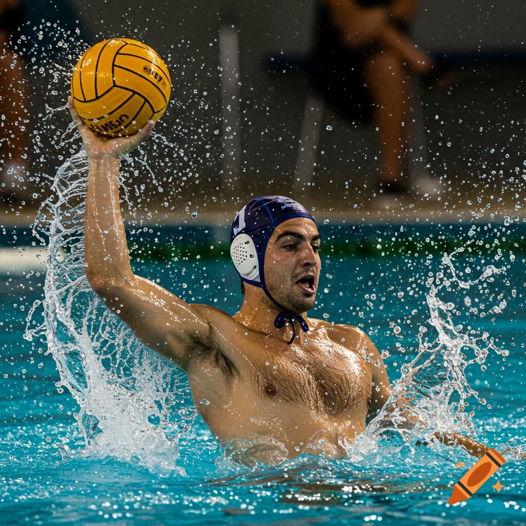 Photorealistic image of a water polo player holding a ball with water splashing