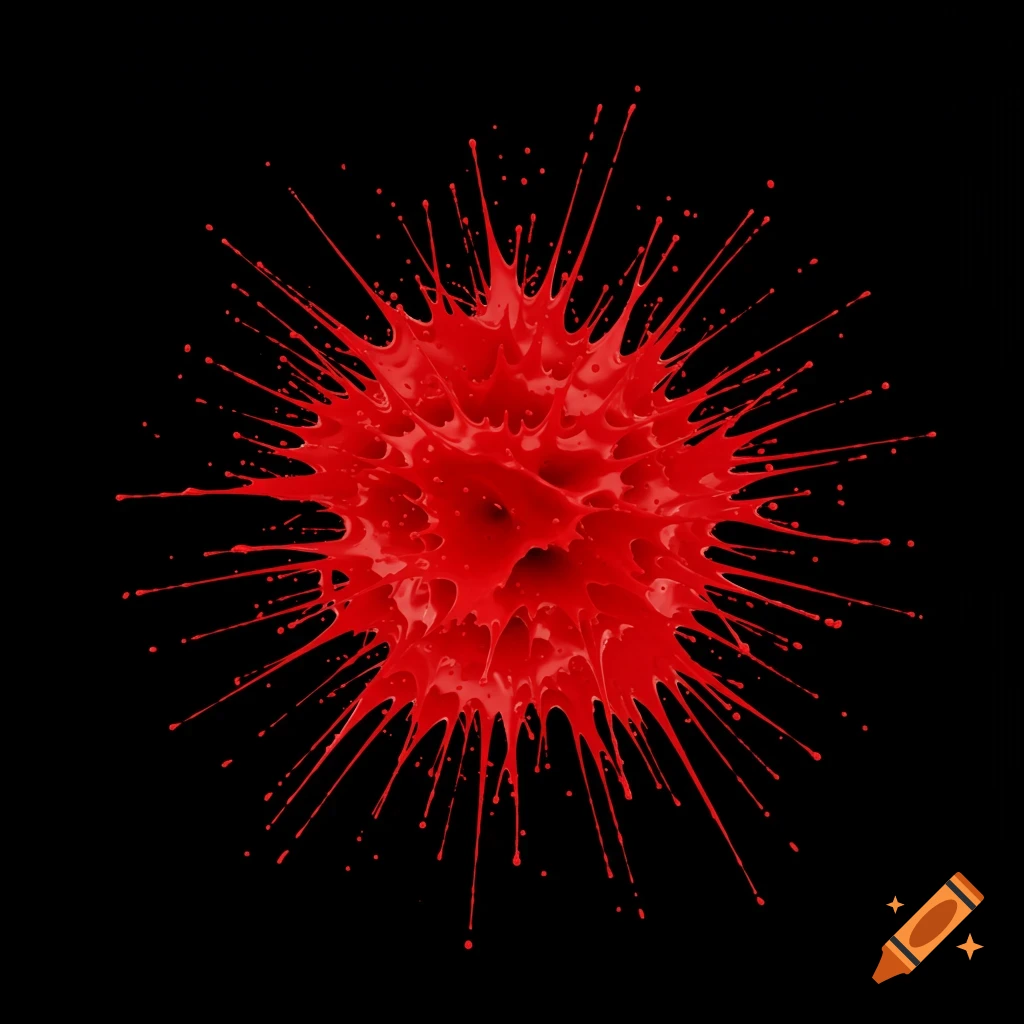 A red paint splatter explosion on a black background.