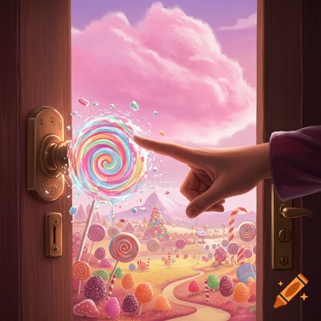 A hand touches a giant swirling lollipop opening to a vibrant candy land scene with candy trees and lollipops under a pink sky.