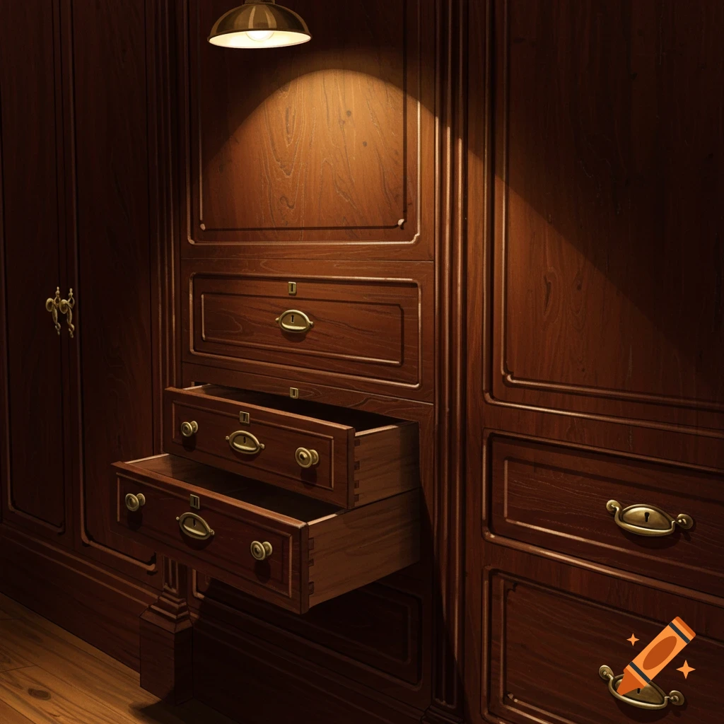 a wooden armoire with open drawers