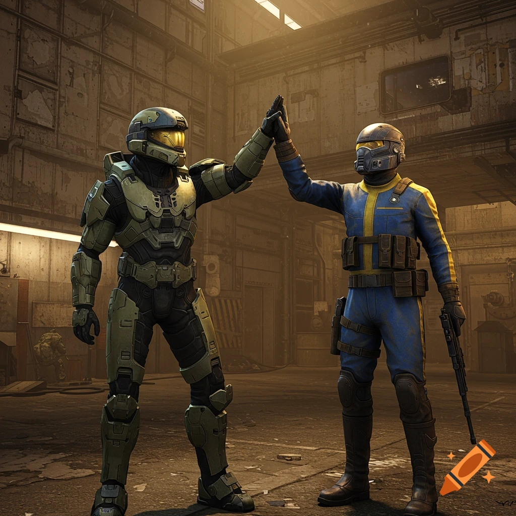 Two figures in armor, one green, one blue and yellow, high-fiving in an industrial setting.