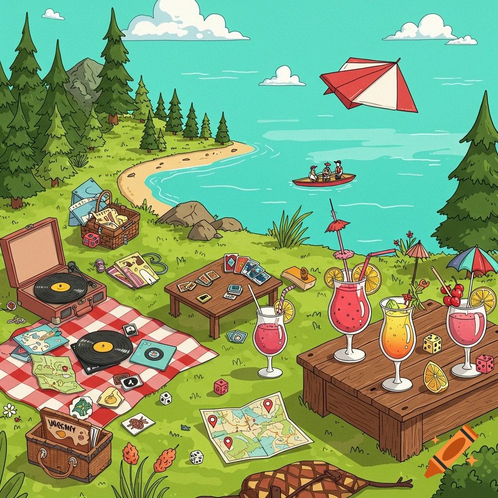 Cartoon illustration of a lakeside picnic with records, cocktails, games, and people in a boat.