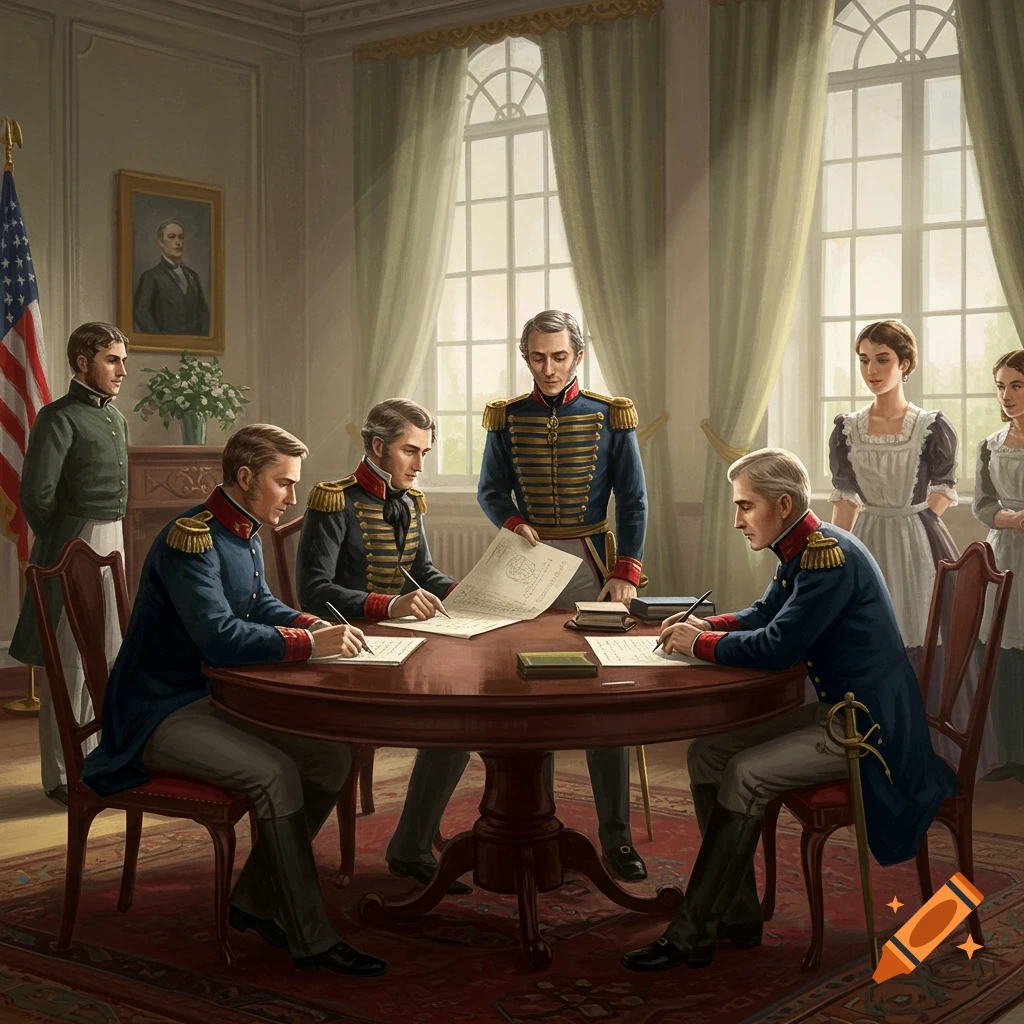 Men in historical military uniforms sign documents at a table in a room with an American flag.