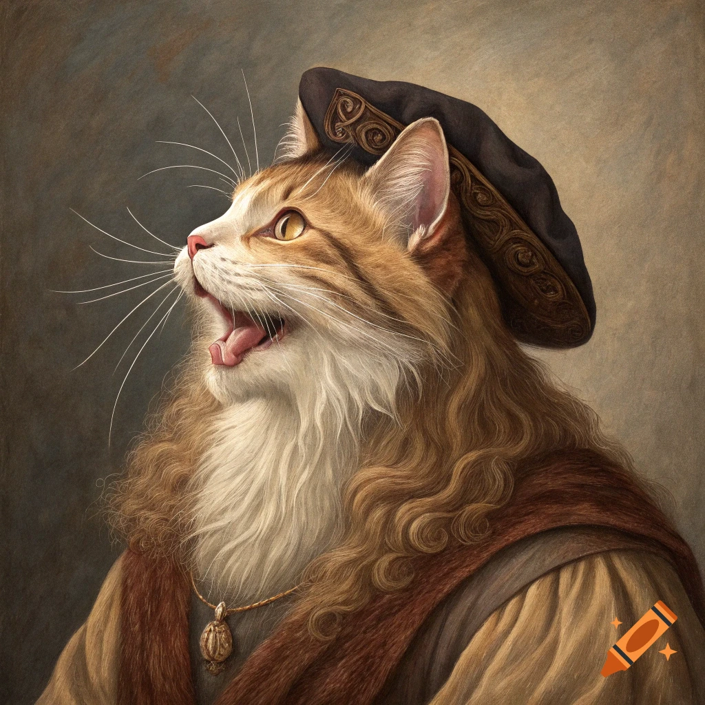 A tabby cat in historical clothing and a beret, looking upwards and mewing, in the style of an old master painting.