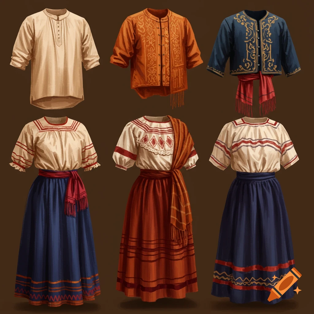 Six different depictions of colonial mestizo clothing including shirts, jackets, blouses, and skirts.