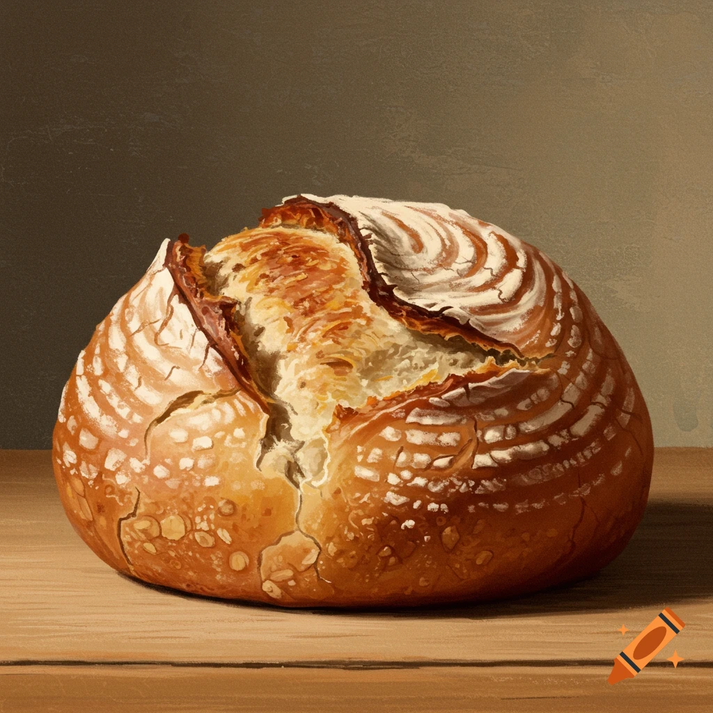 A round loaf of bread with a scoring pattern on a wooden table.
