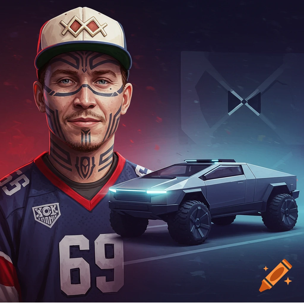 A man with face and neck tattoos wearing a jersey and hat, standing next to a futuristic vehicle.