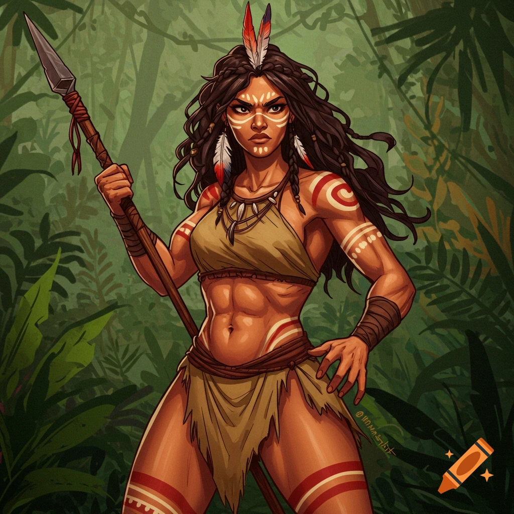 A strong Amazon woman with face paint holds a spear in a jungle.
