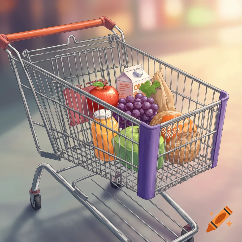 A shopping cart filled with groceries such as fruit, juice, milk, and a bag.