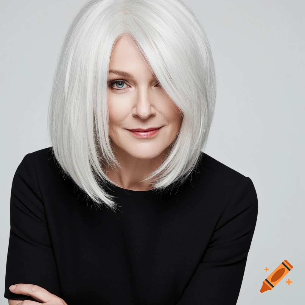 Portrait of a woman with short white bob hair and a black dress, looking at the camera.