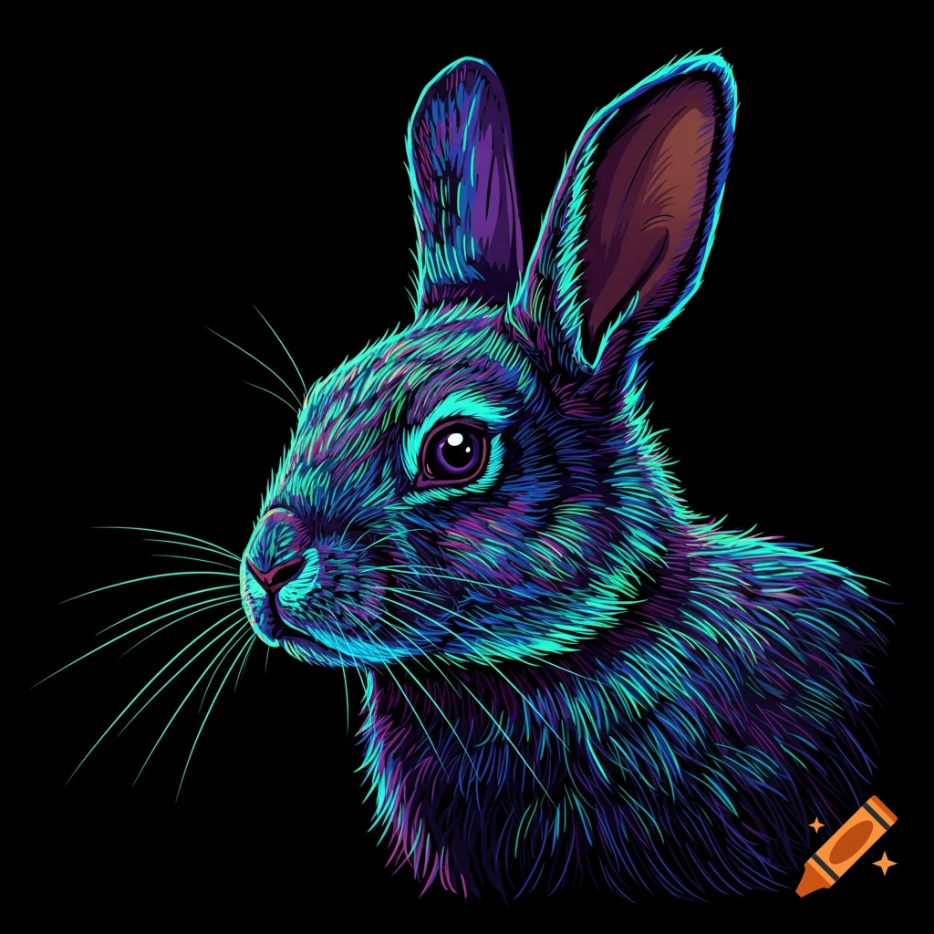 Stylized vector art portrait of a bunny with glowing, colorful fur against a black background