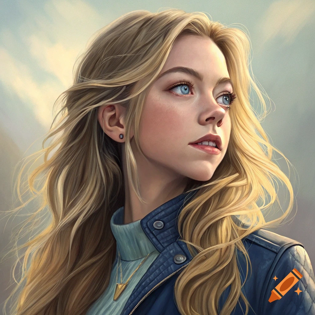 A woman with blonde hair and blue eyes looks upwards, wearing a blue jacket.