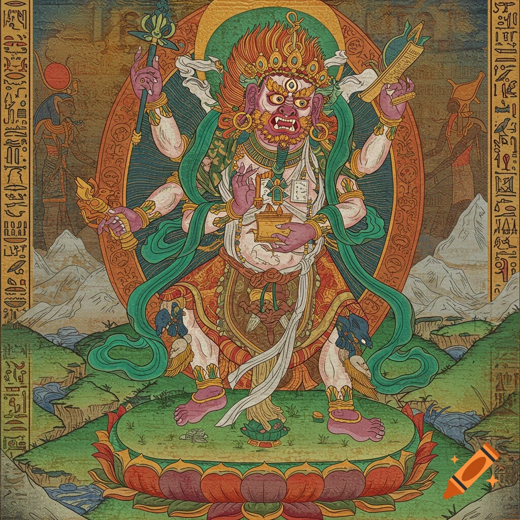 Stylized painting of a multi-armed wrathful deity figure, blending Tibetan and Egyptian styles.