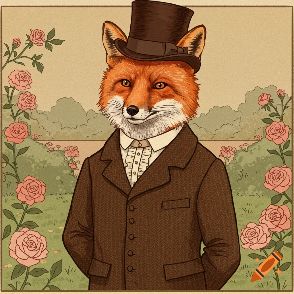 Digital illustration of an anthropomorphic fox wearing a top hat and British clothing, standing in a garden with roses.