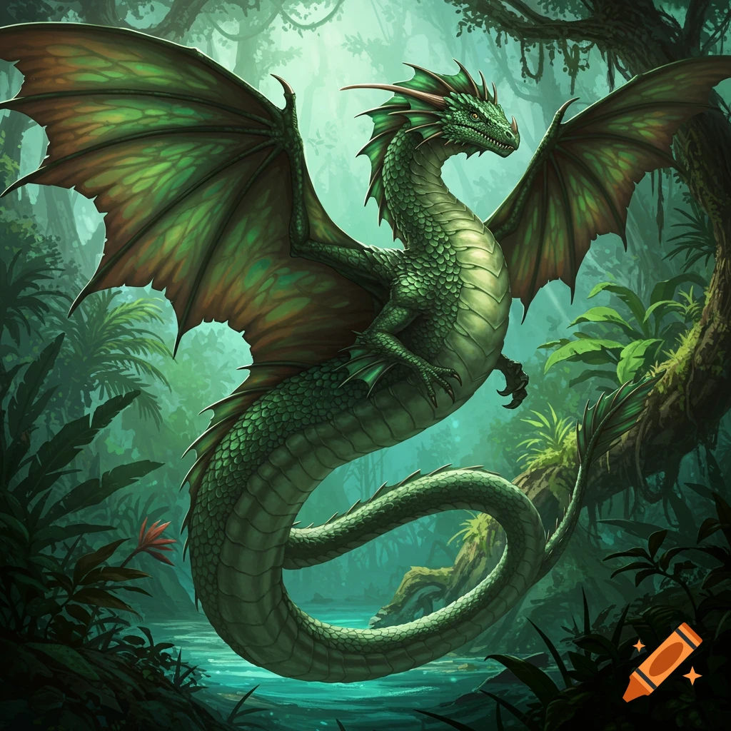A green serpentine dragon with wings is flying in a lush jungle over water.