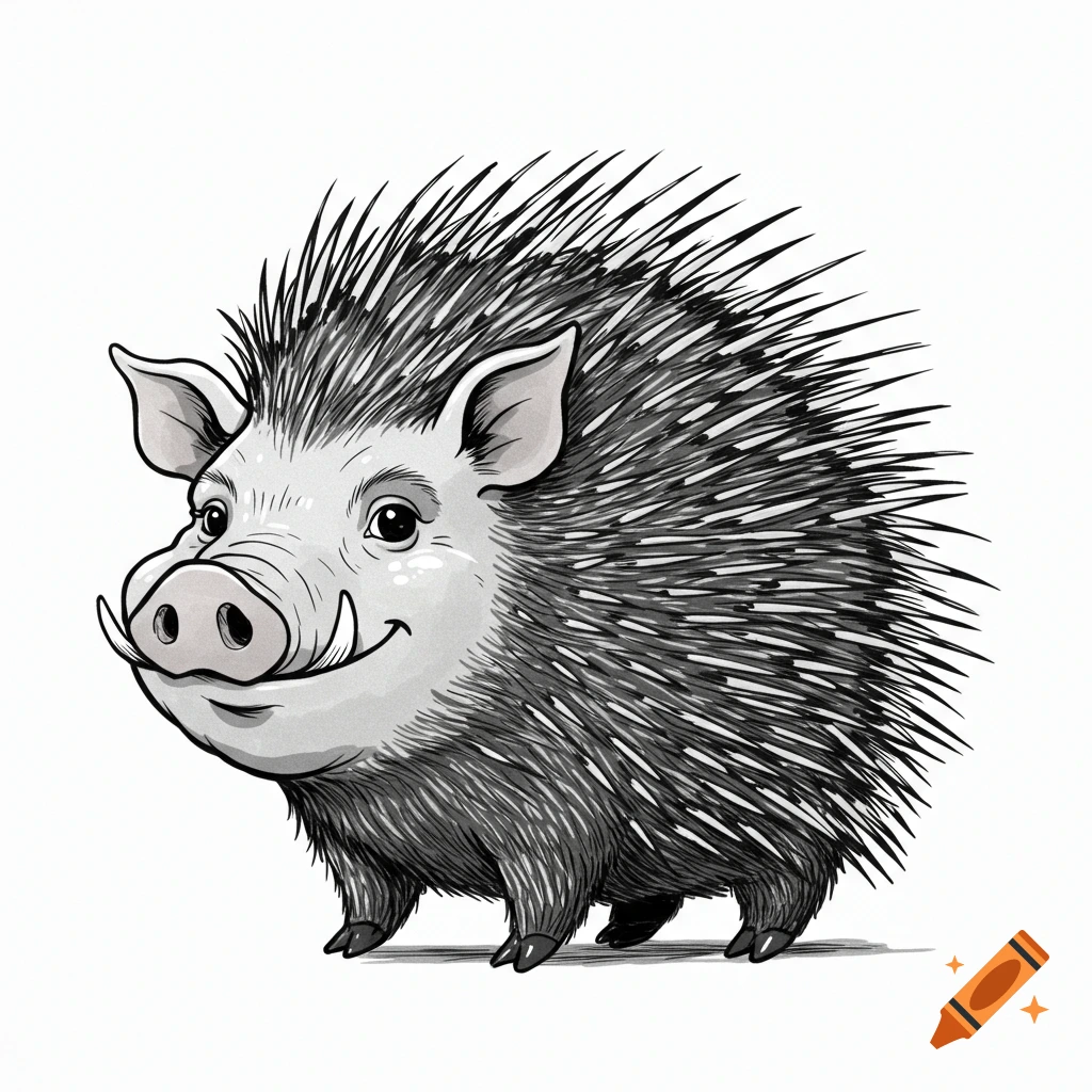 Black and white line drawing caricature of a pig-porcupine hybrid creature.