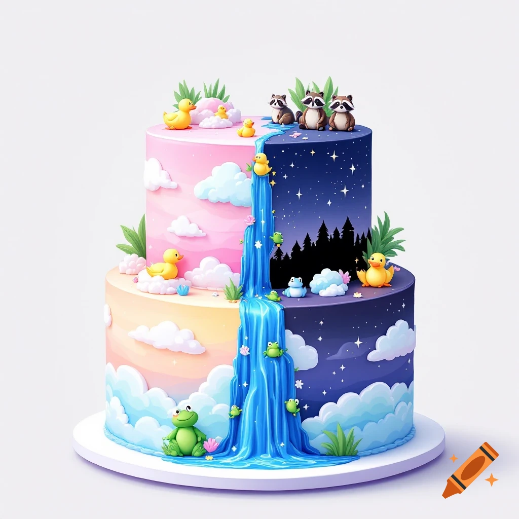 A two-tiered cake with a day and night theme, featuring a waterfall, ducks, raccoons, and frogs.