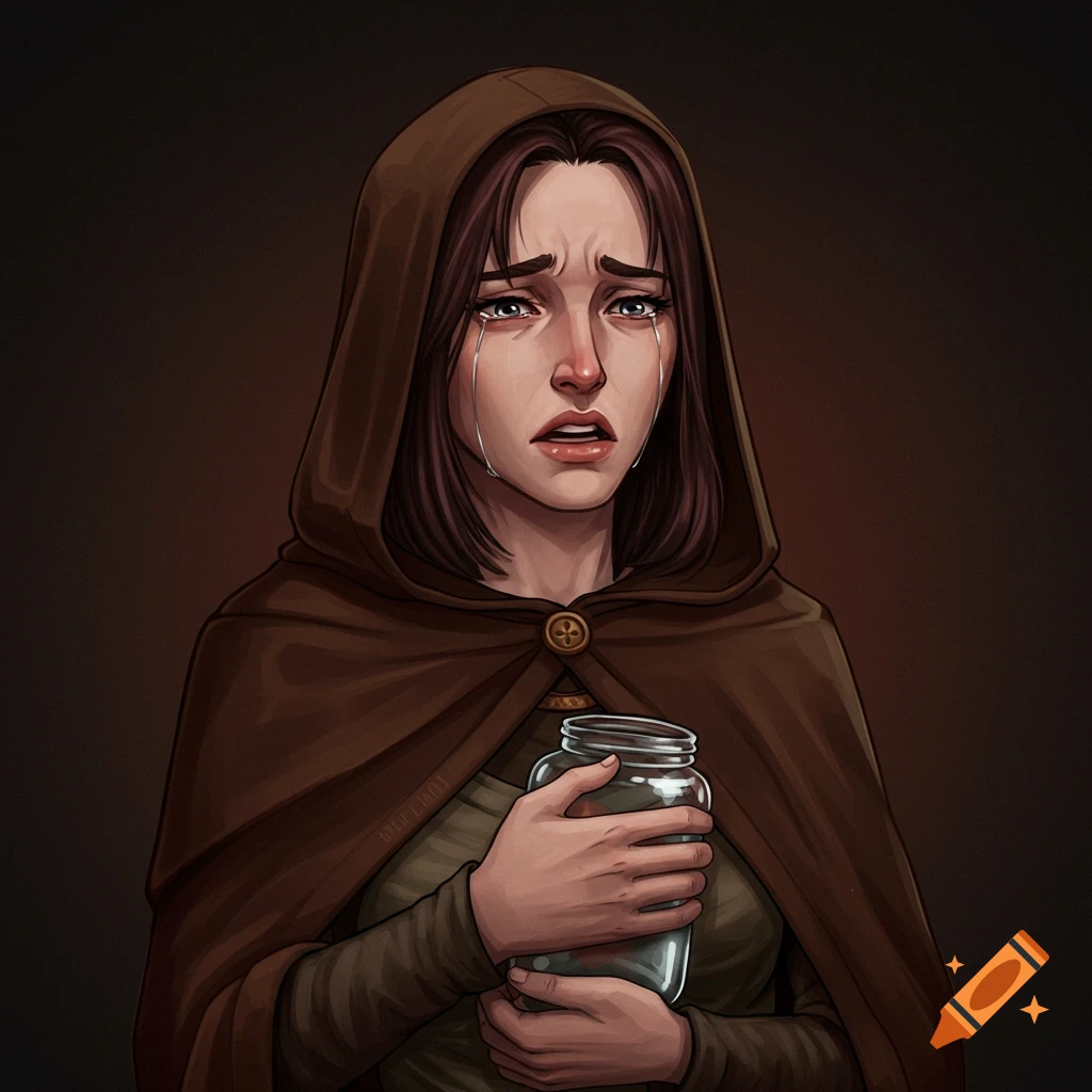 Digital art portrait of a woman in a brown cloak crying while holding an empty jar near her chest.