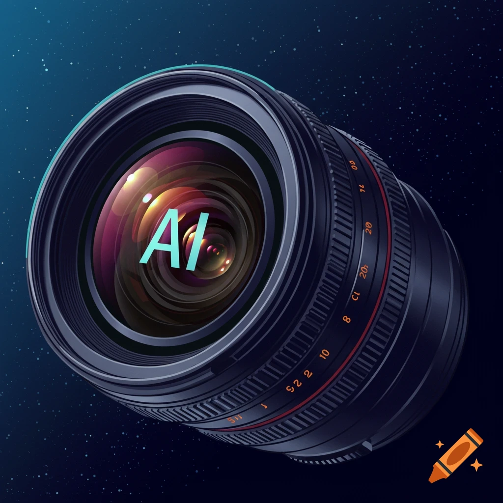 A camera lens with 'AI' reflected on the glass, set against a starry space background.