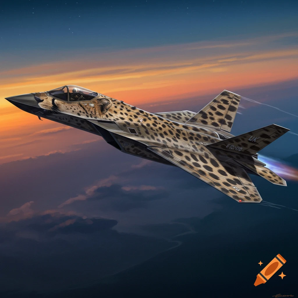 A fighter jet with a cheetah pattern is flying at sunset.