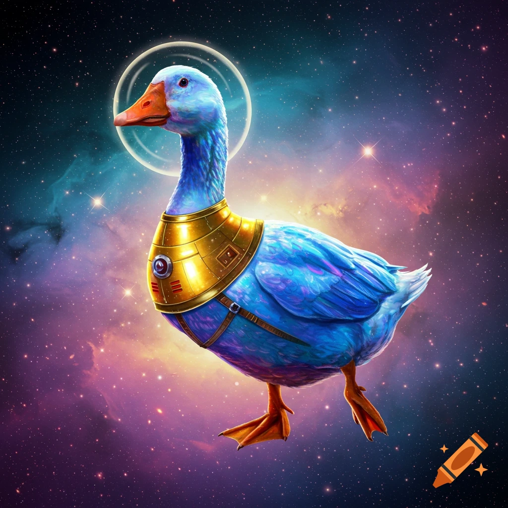 A blue goose wearing a golden chest plate floats in a starry space scene, digital art.