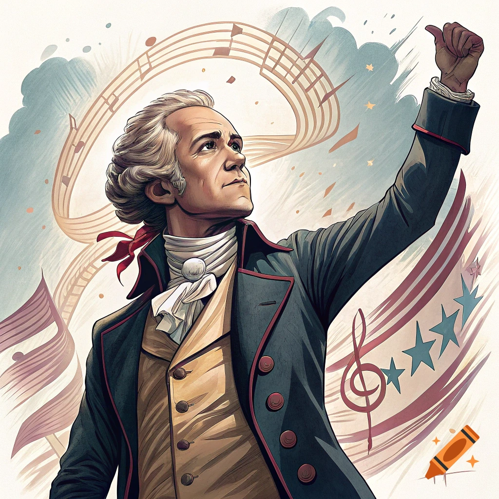 Stylized portrait of Alexander Hamilton raising a fist, with musical notes and American flag elements in the background.