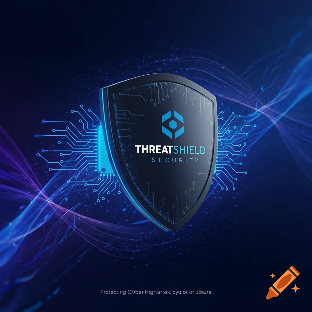 Cybersecurity shield logo with integrated circuitry and abstract background.