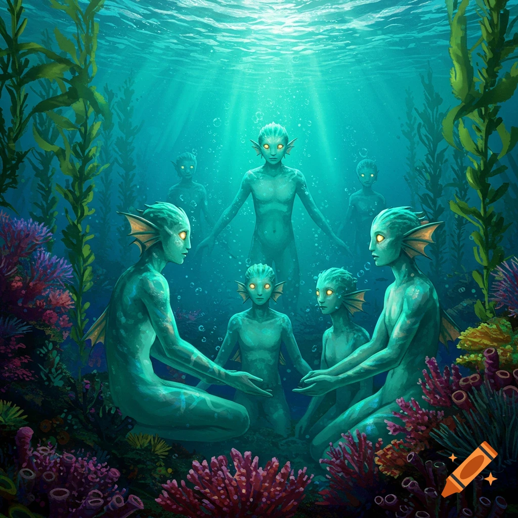 Greenish underwater humanoids with glowing eyes are gathered among coral and kelp, with light rays shining down.