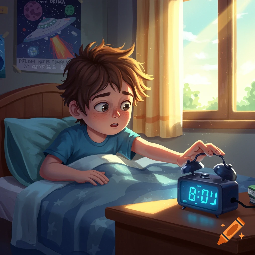 A cartoon style image of a boy waking up in bed, reaching for an alarm clock. Sunlight streams through the window.