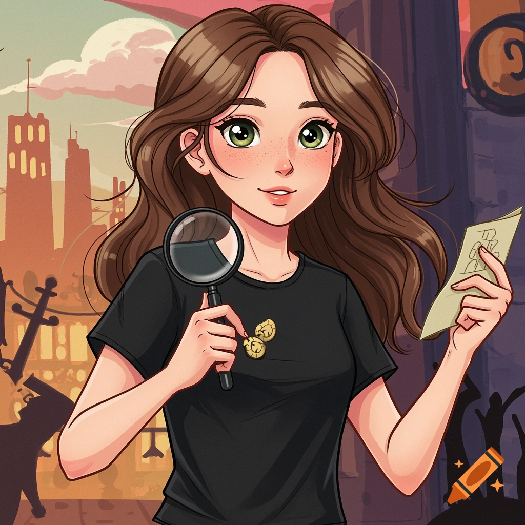 Cartoon illustration of a young girl detective holding a magnifying glass and paper clue in a whimsical cityscape.
