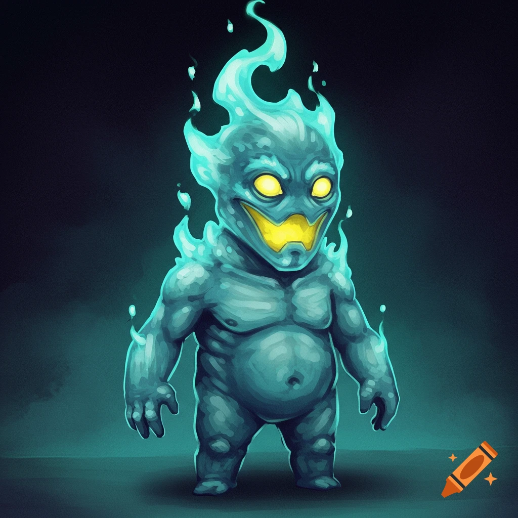 A short, muscular, blue-skinned creature with a flame-like head, glowing yellow eyes, and a wide yellow mouth.