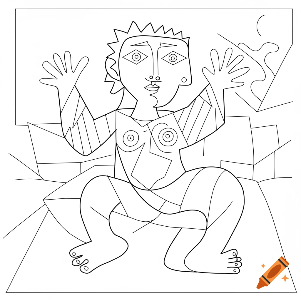 Abstract Cubist style black and white line art drawing of a figure, suitable for coloring.