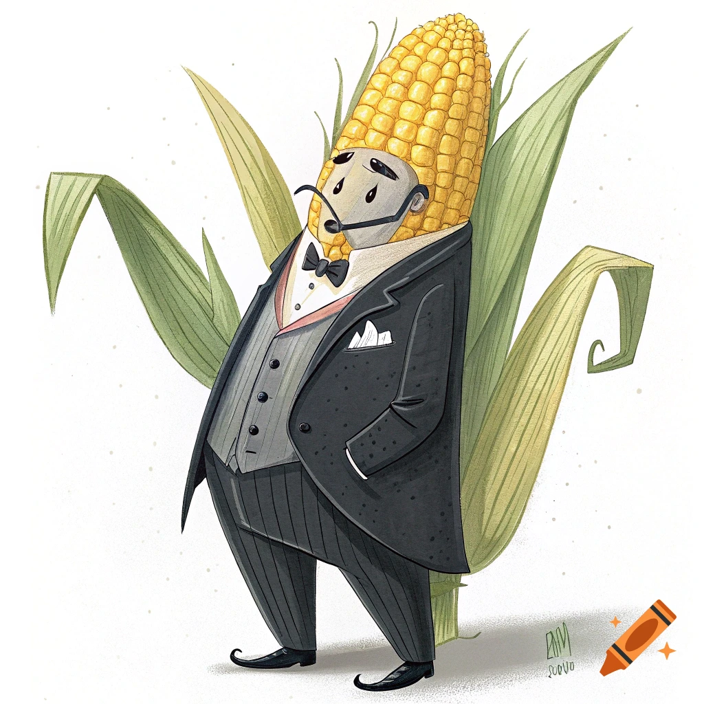 A stylized illustration of a cob of corn wearing a suit, glasses, and a bow tie.