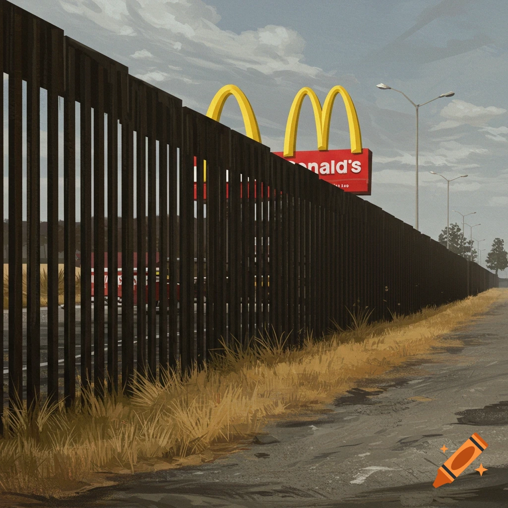 A McDonald's sign is visible behind a border wall.