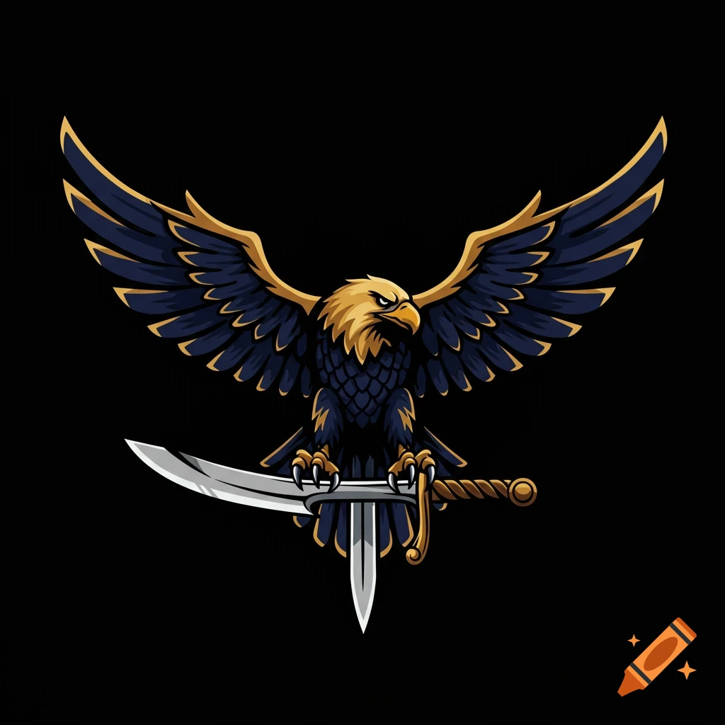 Stylized illustration of an eagle with wings spread, perched on a sword.