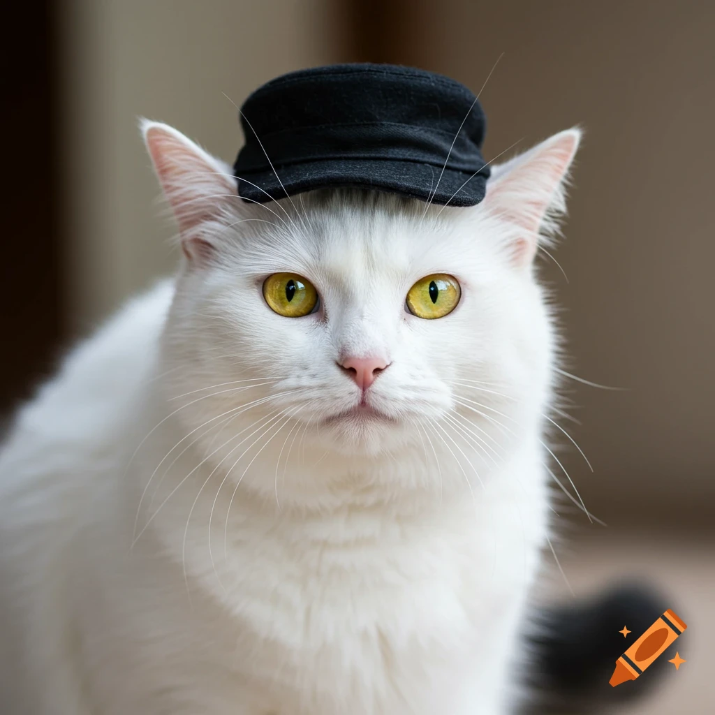 A white cat with yellow eyes wears a black cap.