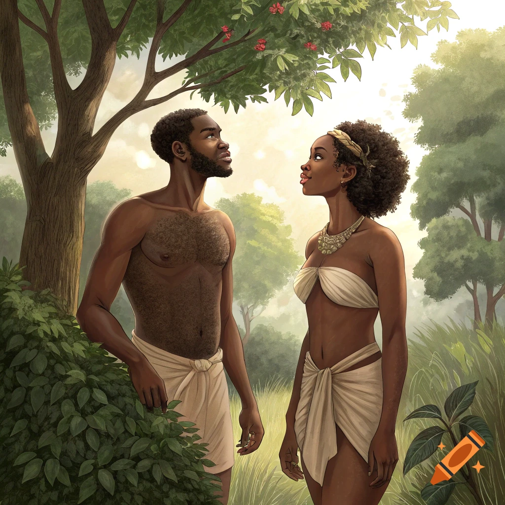 Illustration of Adam and Eve as African Americans in a forest, looking up at a tree.