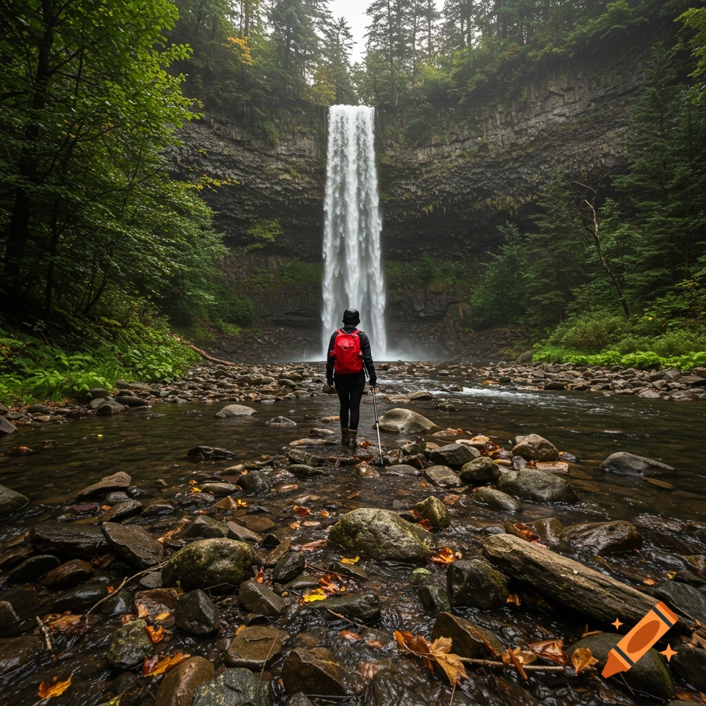 A person with a red backpack stands in a river, facing a tall waterfall in a forest.