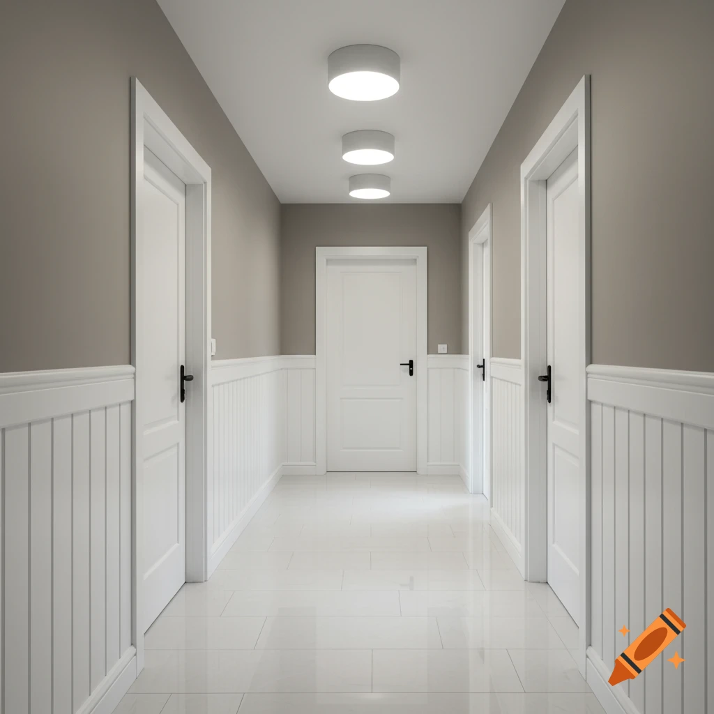 View down a modern minimalist hallway with white wainscoting, gray walls, white doors, and three circular ceiling lights.