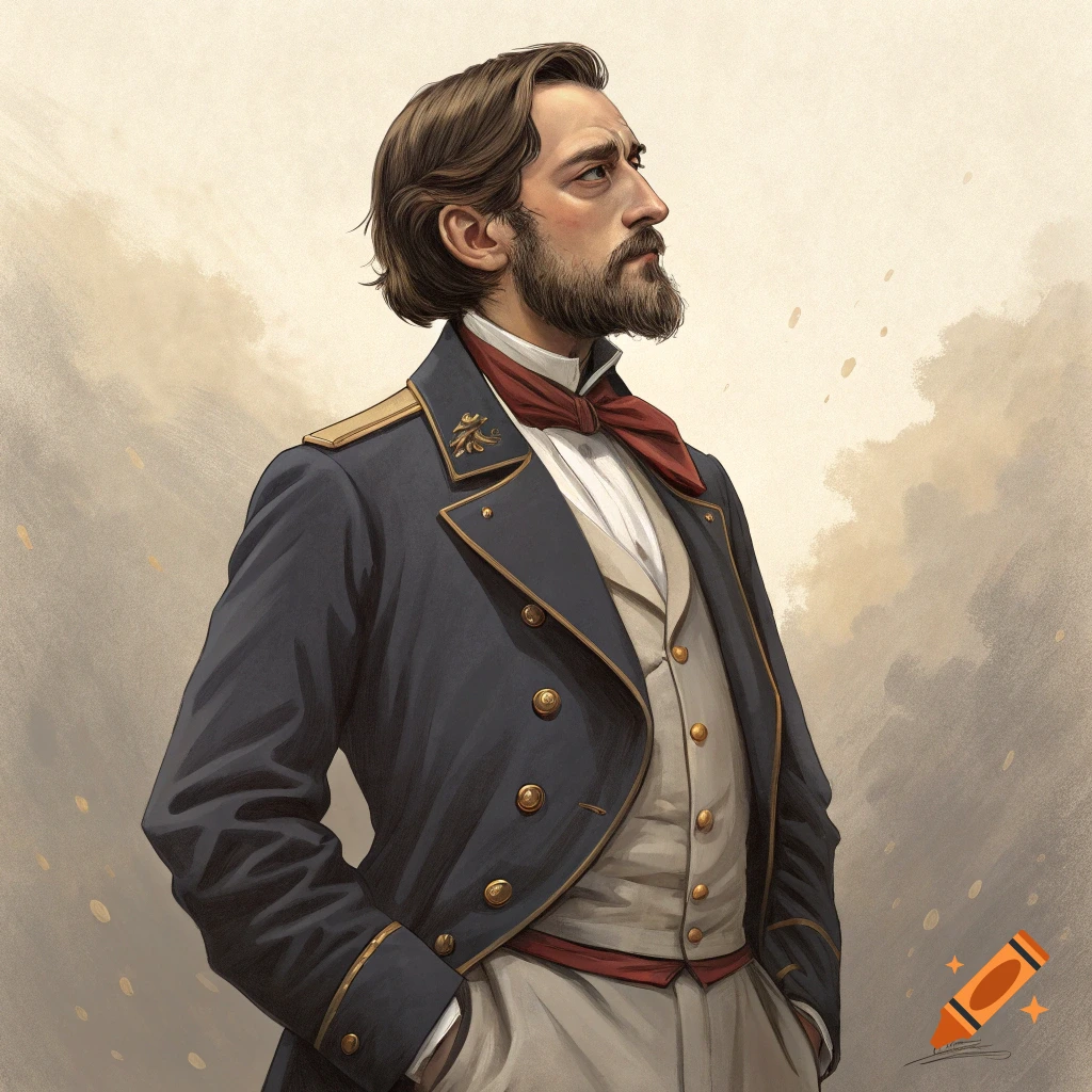 Portrait illustration of a man in a historical military uniform, looking away.
