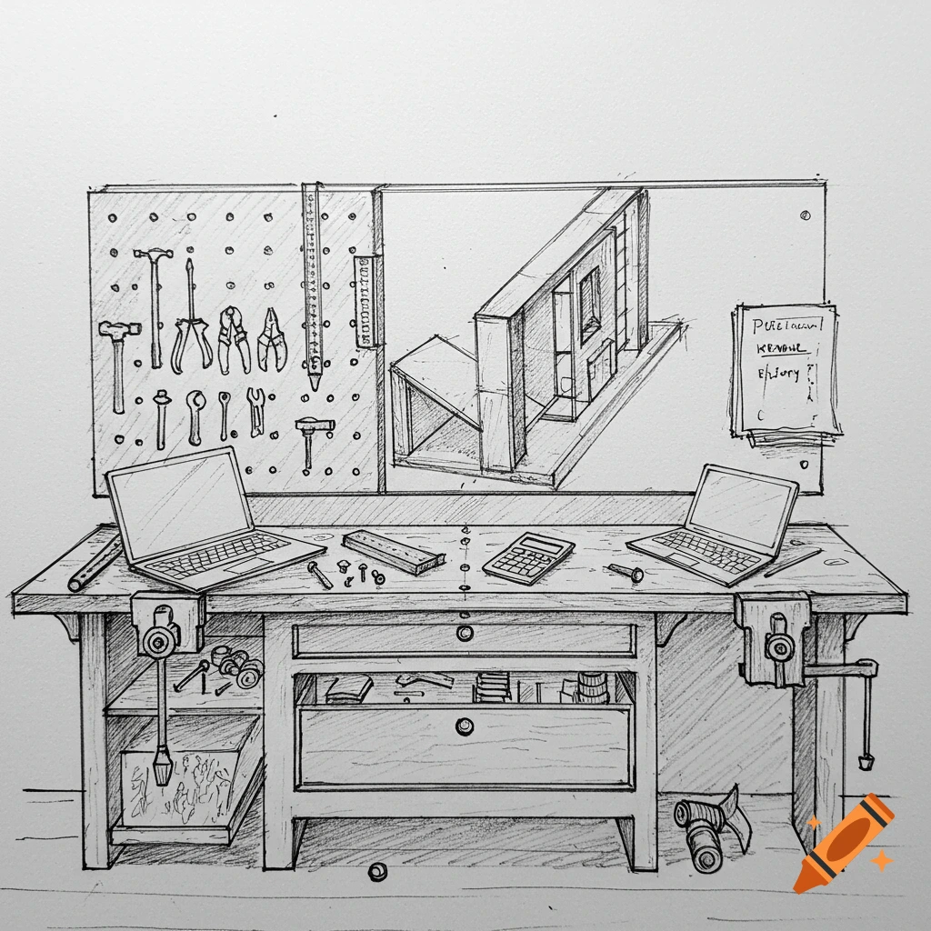 Pencil sketch of a workbench with tools, laptops, calculator, and a project.