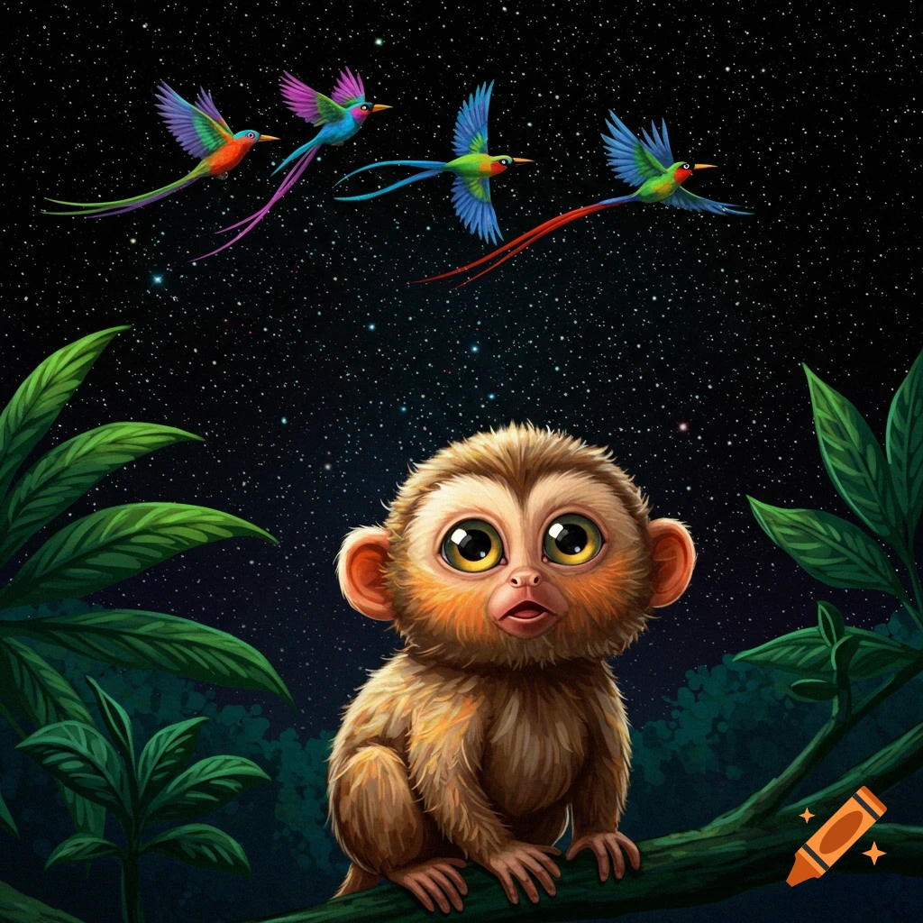 A cute monkey on a branch looking at colorful birds flying in a starry night sky.