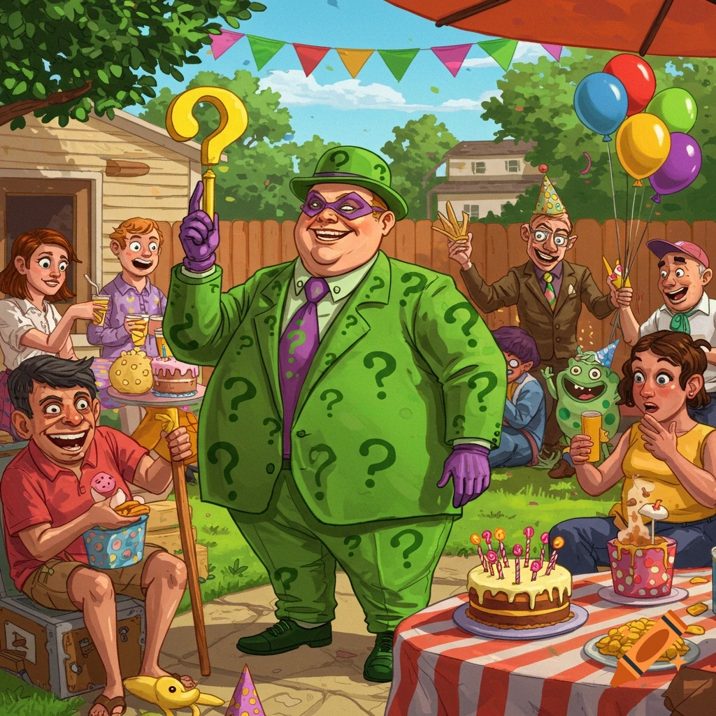 Cartoon illustration of the Riddler at an outdoor birthday party with guests.
