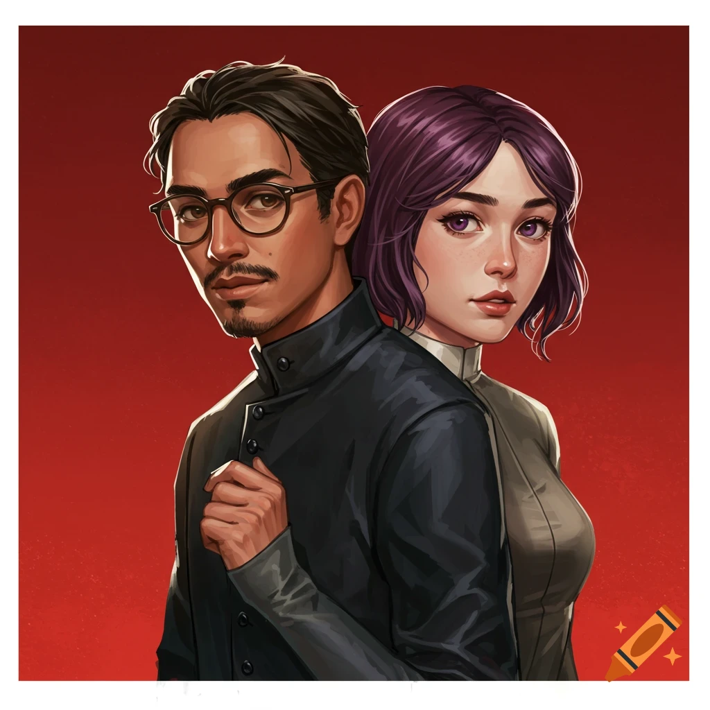Stylized image of a man and woman standing back-to-back against a red background.