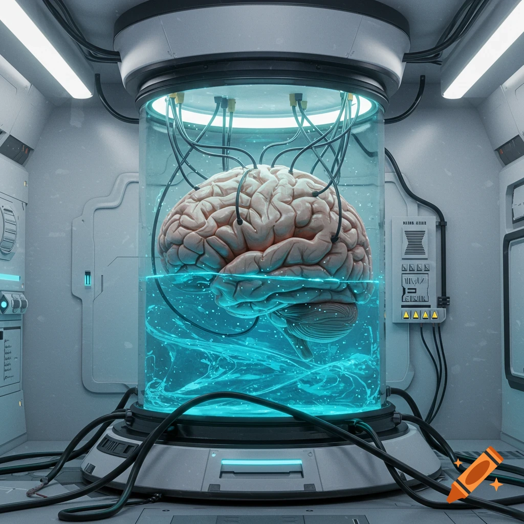 A large human brain in a glass tank filled with glowing blue liquid, connected to wires in a futuristic lab.